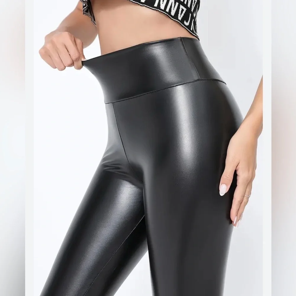 Faux Leather Leggings, Waist Control Support, Black, Fleece Lined, Size XL